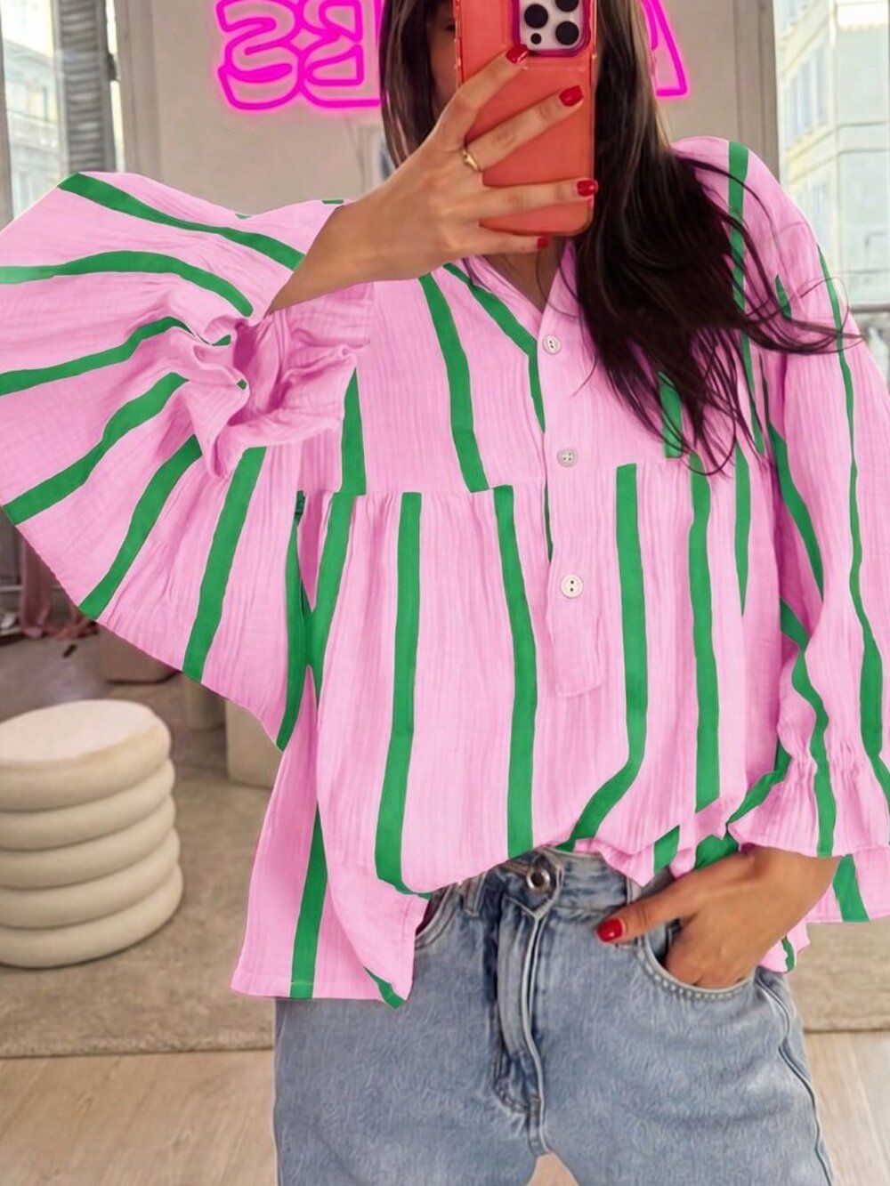 Pink And Green Stripes Casual Women's Plus Size Striped Loose Blouse